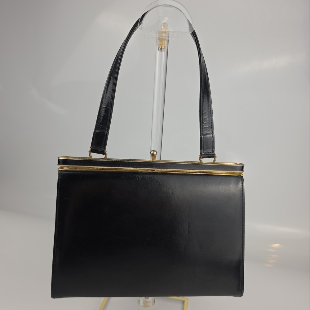 Vintage Ackery London Black Leather Handbag Gold Frame England 1950s 60s